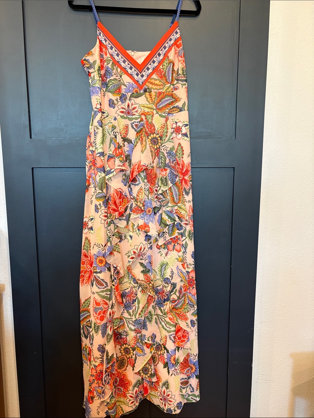 708. Eliza J Peach Floral Maxi Dress with Ruffle Front